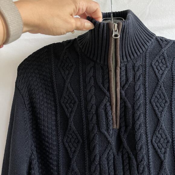 Paul Fredrick mock neck cable knit 3/4 zip pull over sweater, black, size M - Picture 2 of 8